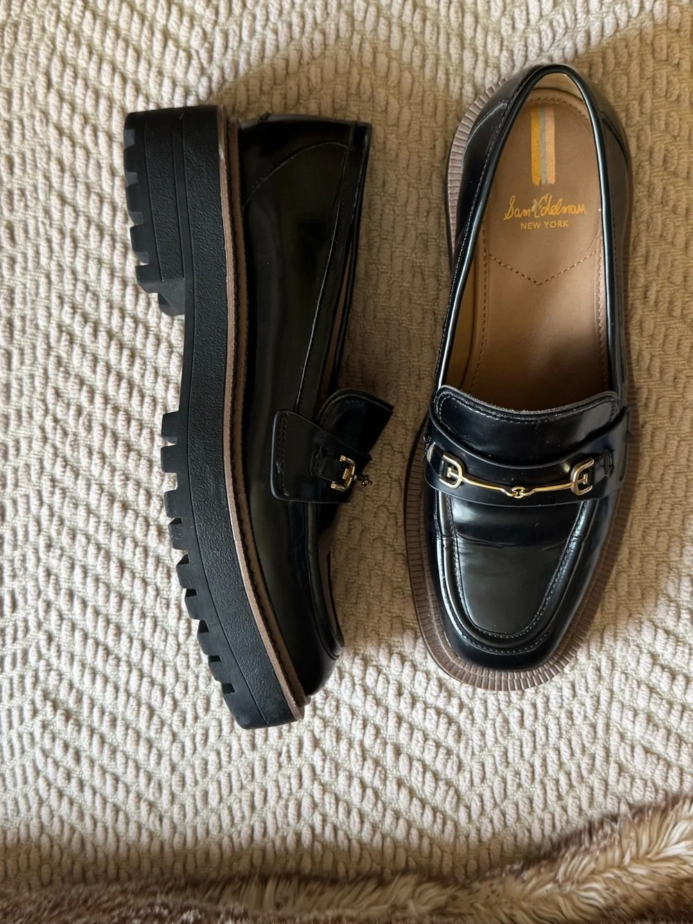 Sam Edelman Black Leather Loafers with Gold Hardware